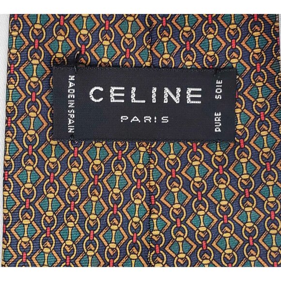 Celine Paris Mens Neck tie Geo Print Chain Link Logo Design Silk Green Red Navy - Picture 5 of 9